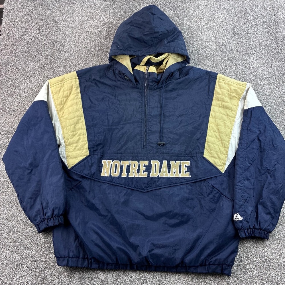 Vintage Notre Dame Pullover Jacket Mens 2XL Blue Puffer 1/4 Zip Majestic